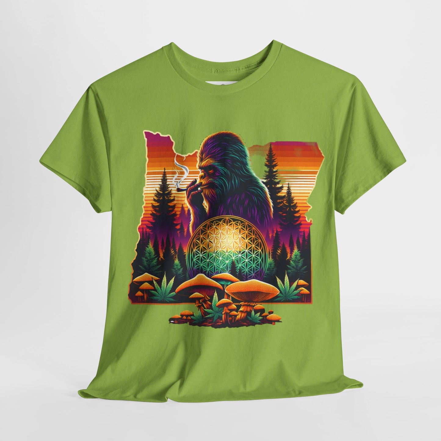 Oregon Bigfoot Flower of Life Sunset - Unisex Heavy Cotton Tee