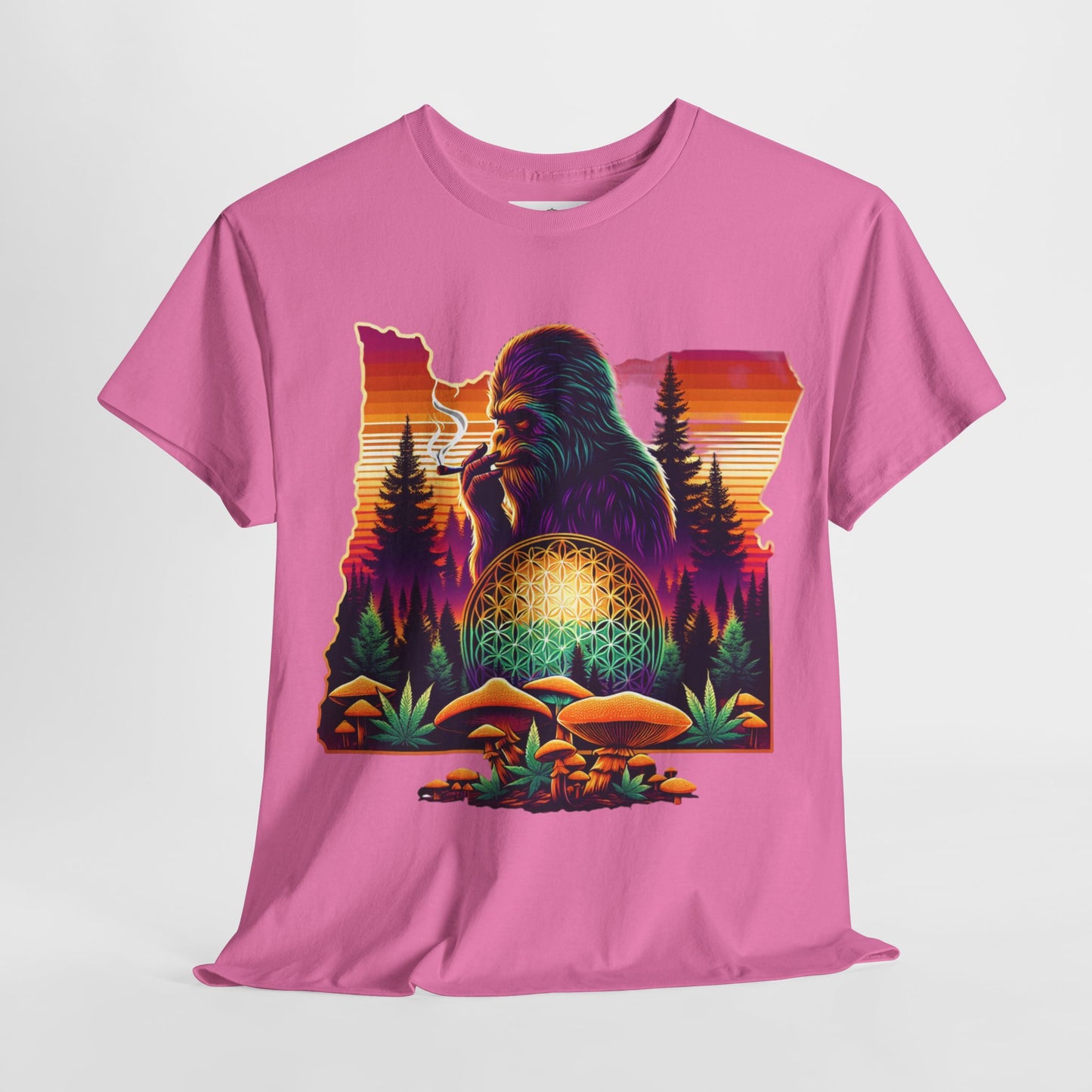 Oregon Bigfoot Flower of Life Sunset - Unisex Heavy Cotton Tee