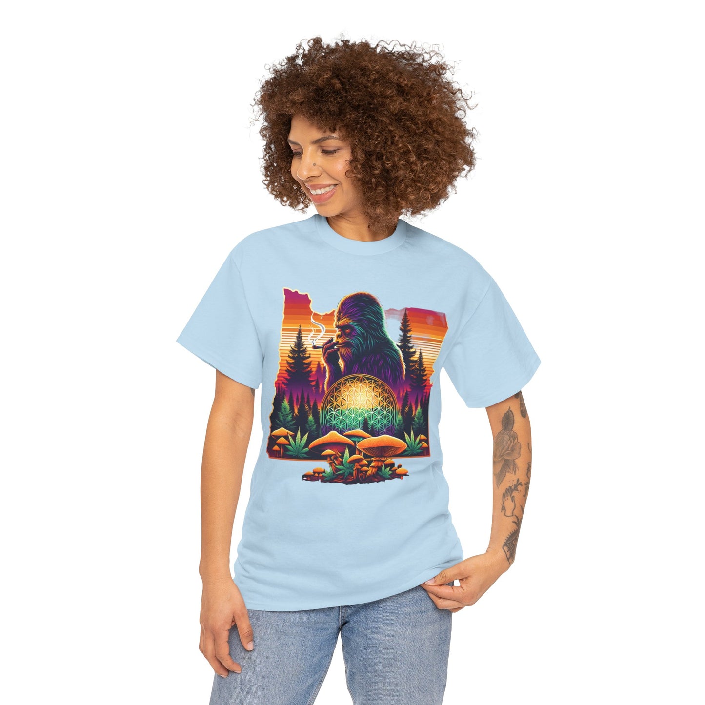 Oregon Bigfoot Flower of Life Sunset - Unisex Heavy Cotton Tee