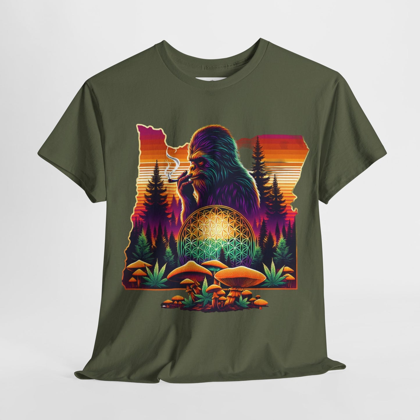 Oregon Bigfoot Flower of Life Sunset - Unisex Heavy Cotton Tee