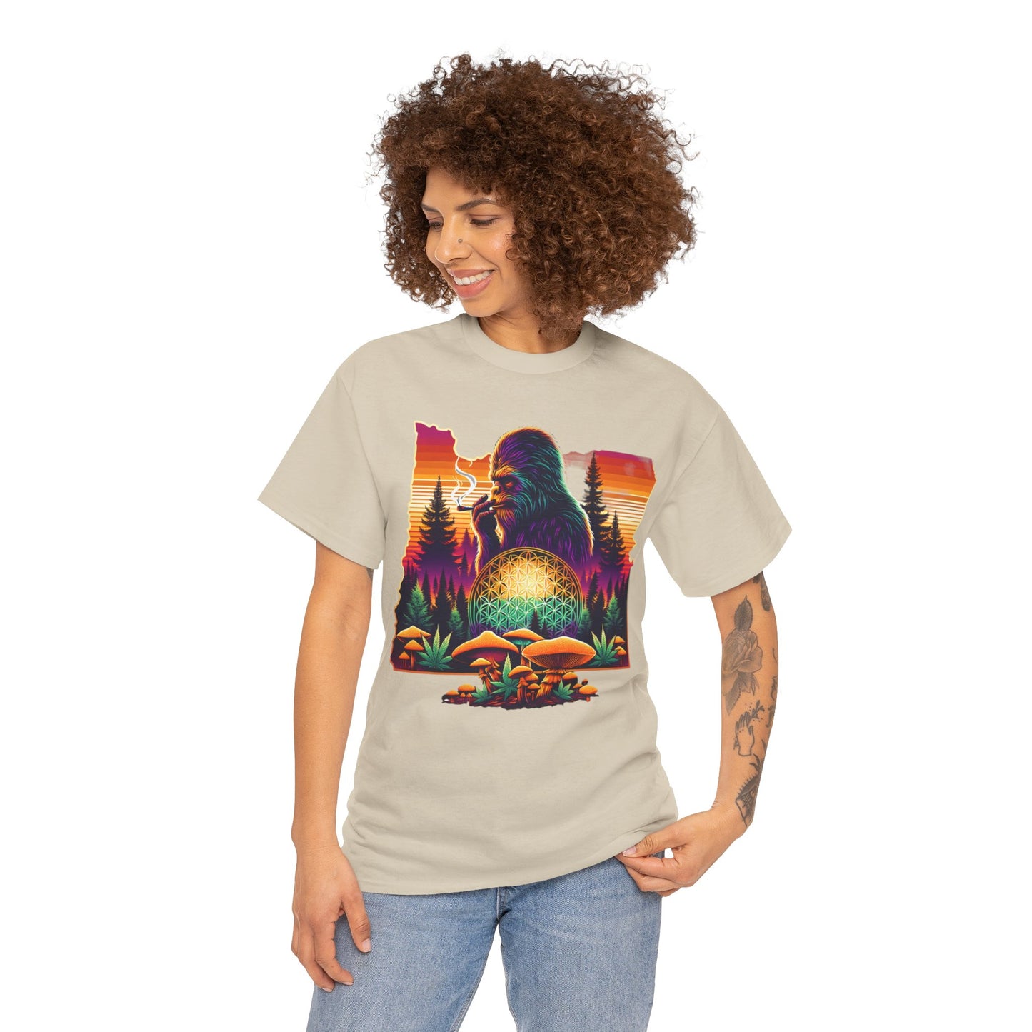 Oregon Bigfoot Flower of Life Sunset - Unisex Heavy Cotton Tee