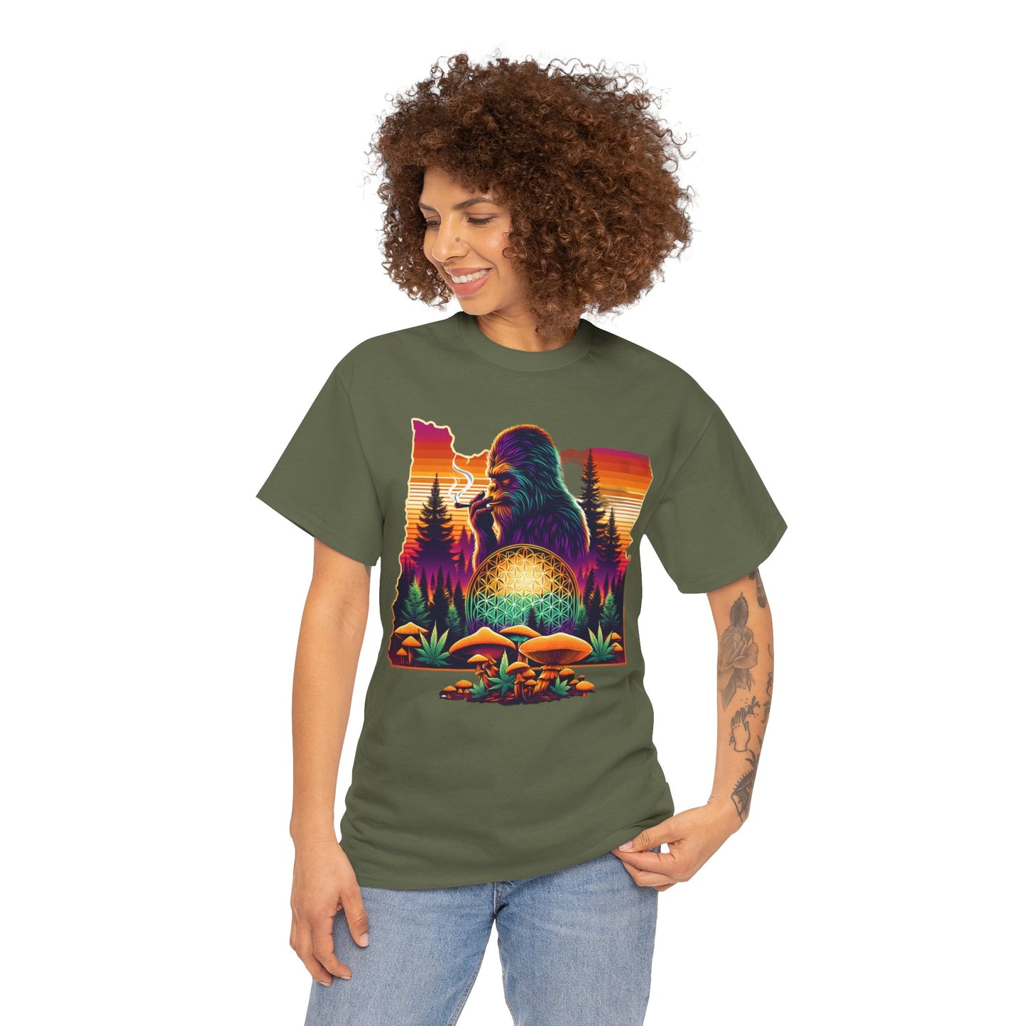 Oregon Bigfoot Flower of Life Sunset - Unisex Heavy Cotton Tee