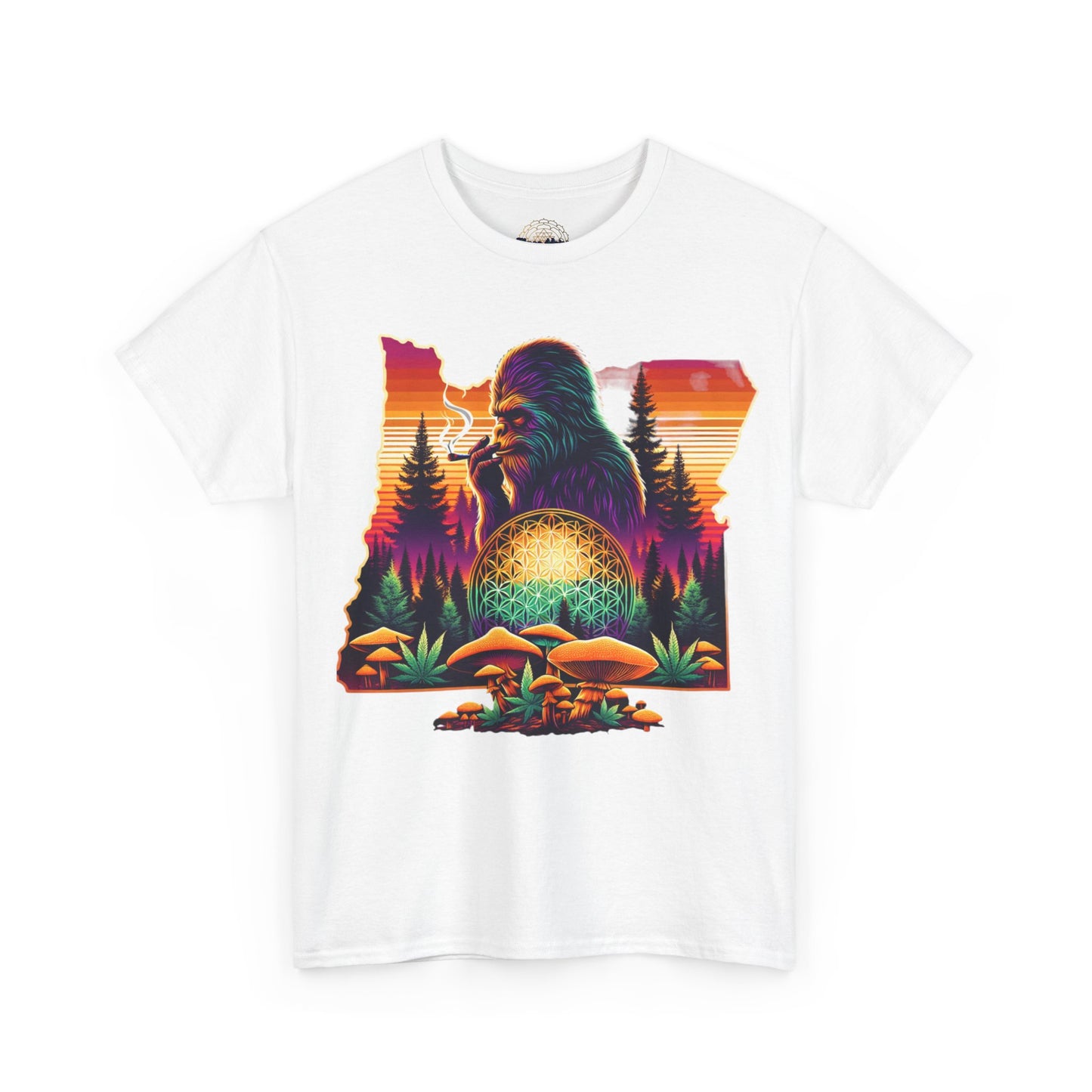 Oregon Bigfoot Flower of Life Sunset - Unisex Heavy Cotton Tee