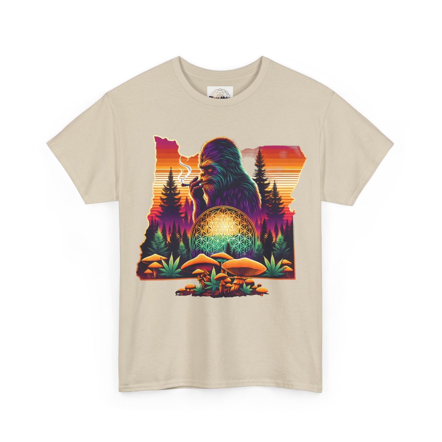 Oregon Bigfoot Flower of Life Sunset - Unisex Heavy Cotton Tee