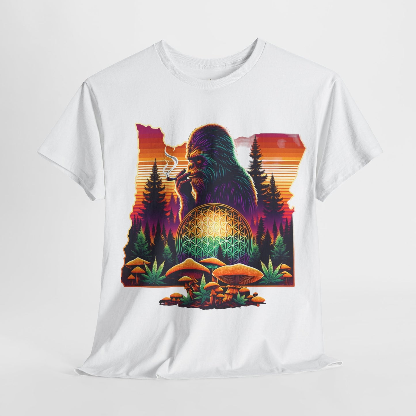 Oregon Bigfoot Flower of Life Sunset - Unisex Heavy Cotton Tee