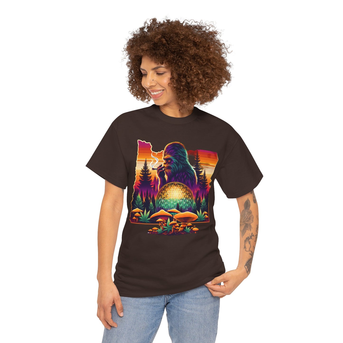 Oregon Bigfoot Flower of Life Sunset - Unisex Heavy Cotton Tee