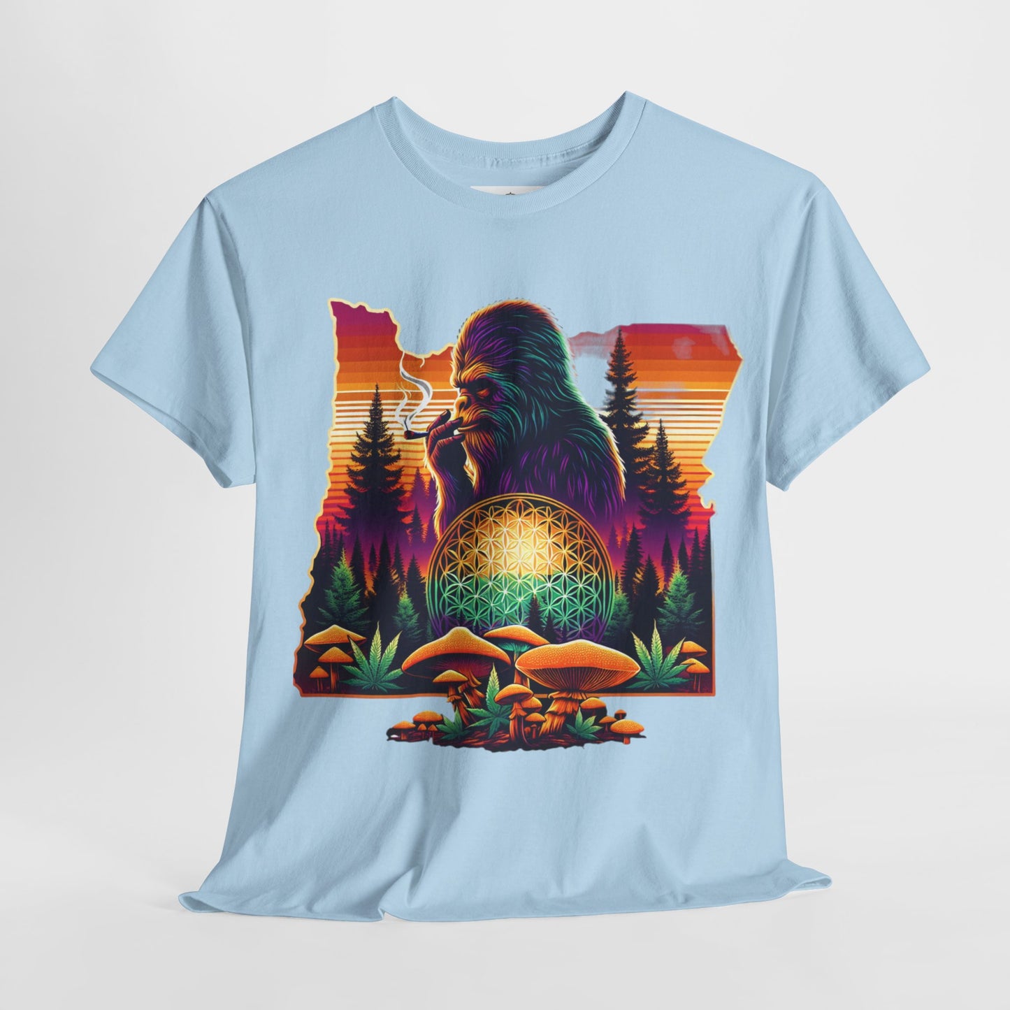 Oregon Bigfoot Flower of Life Sunset - Unisex Heavy Cotton Tee