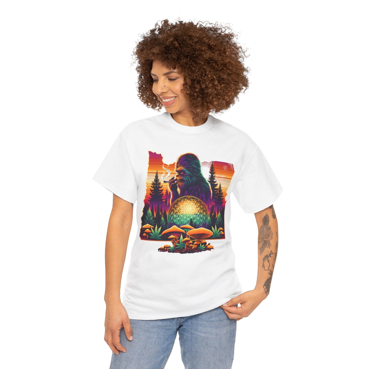 Oregon Bigfoot Flower of Life Sunset - Unisex Heavy Cotton Tee