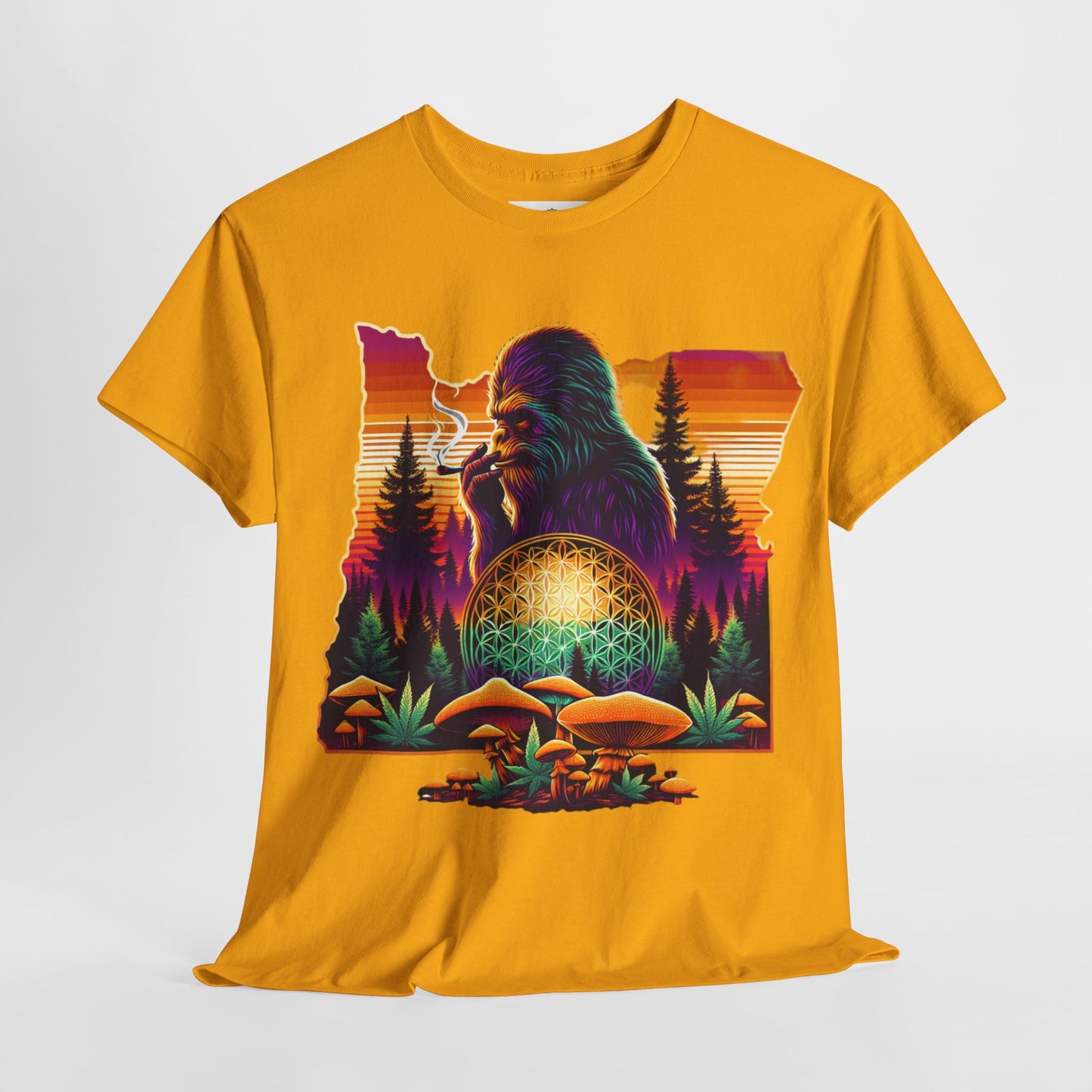 Oregon Bigfoot Flower of Life Sunset - Unisex Heavy Cotton Tee