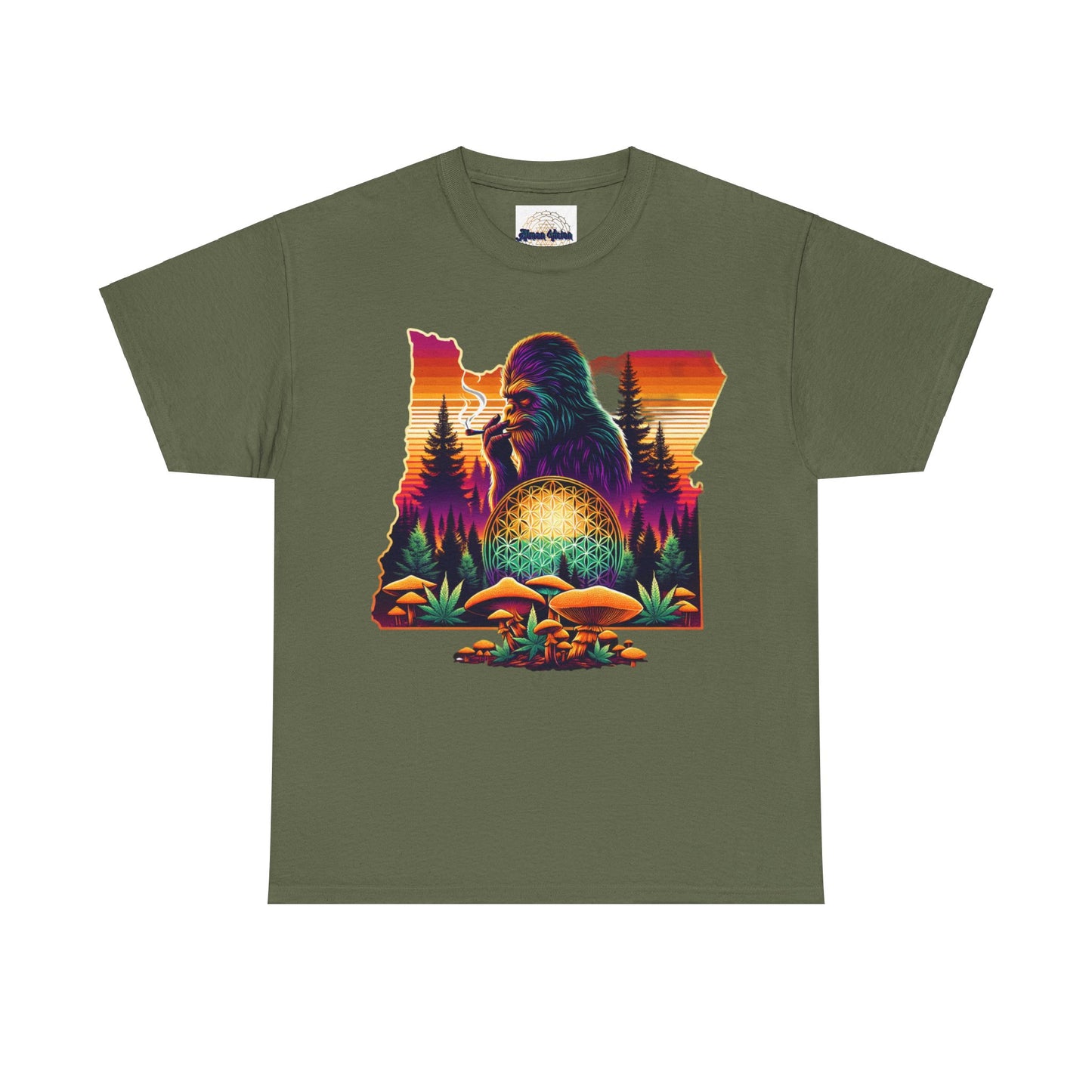 Oregon Bigfoot Flower of Life Sunset - Unisex Heavy Cotton Tee