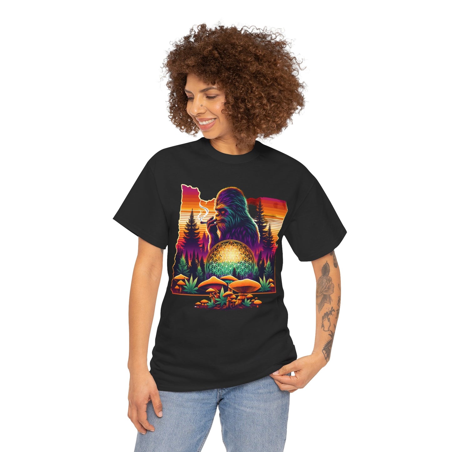 Oregon Bigfoot Flower of Life Sunset - Unisex Heavy Cotton Tee